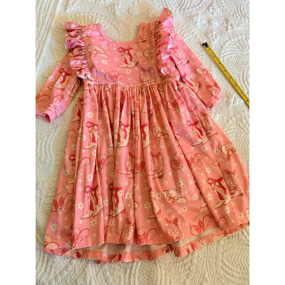 Mila & Rose Girl's Bamboo 3/4 Sleeve Twirl Dress Cowgirl Print with Pockets